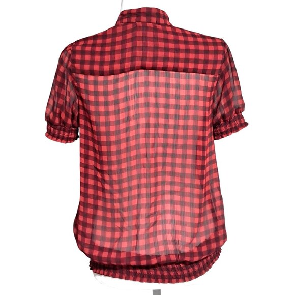 Y2K Red & Black Checkered Sheer Ruffle Blouse Short Sleeve Button Front Elastic - Picture 3 of 5